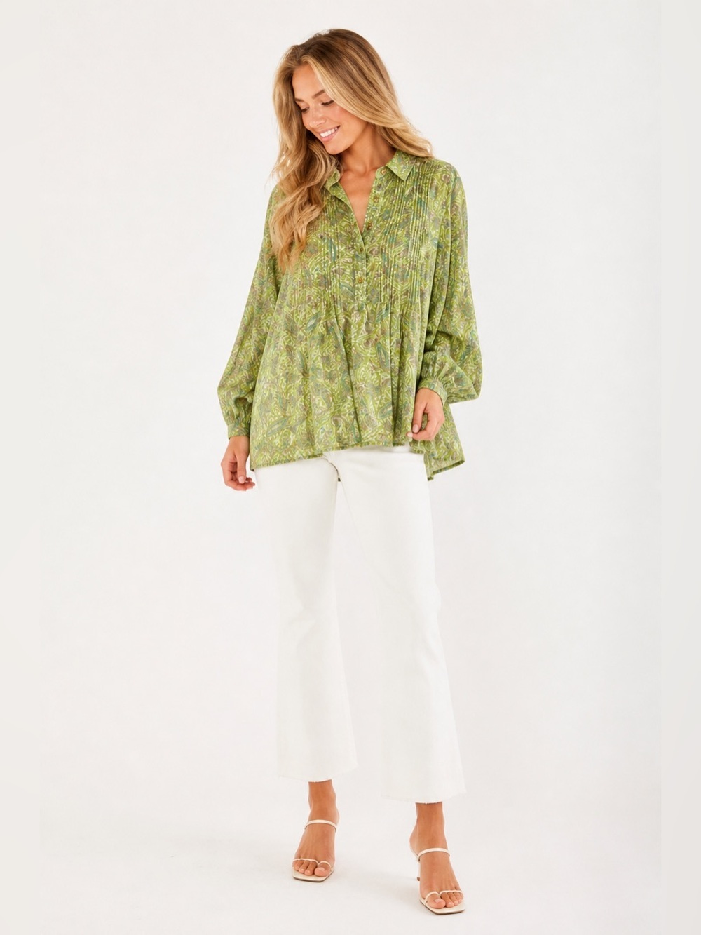 Popover Liz Claiborne 2X Green Paisley Pintuck  Shirt